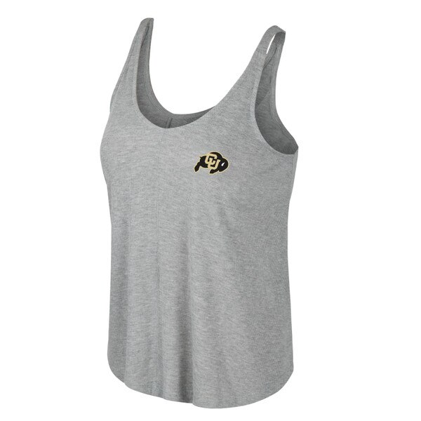This is a grey loose fitting tank top with seams that run down the front and back midlines. On the left chest there's a pale gold and black C.U. Buffalo logo.